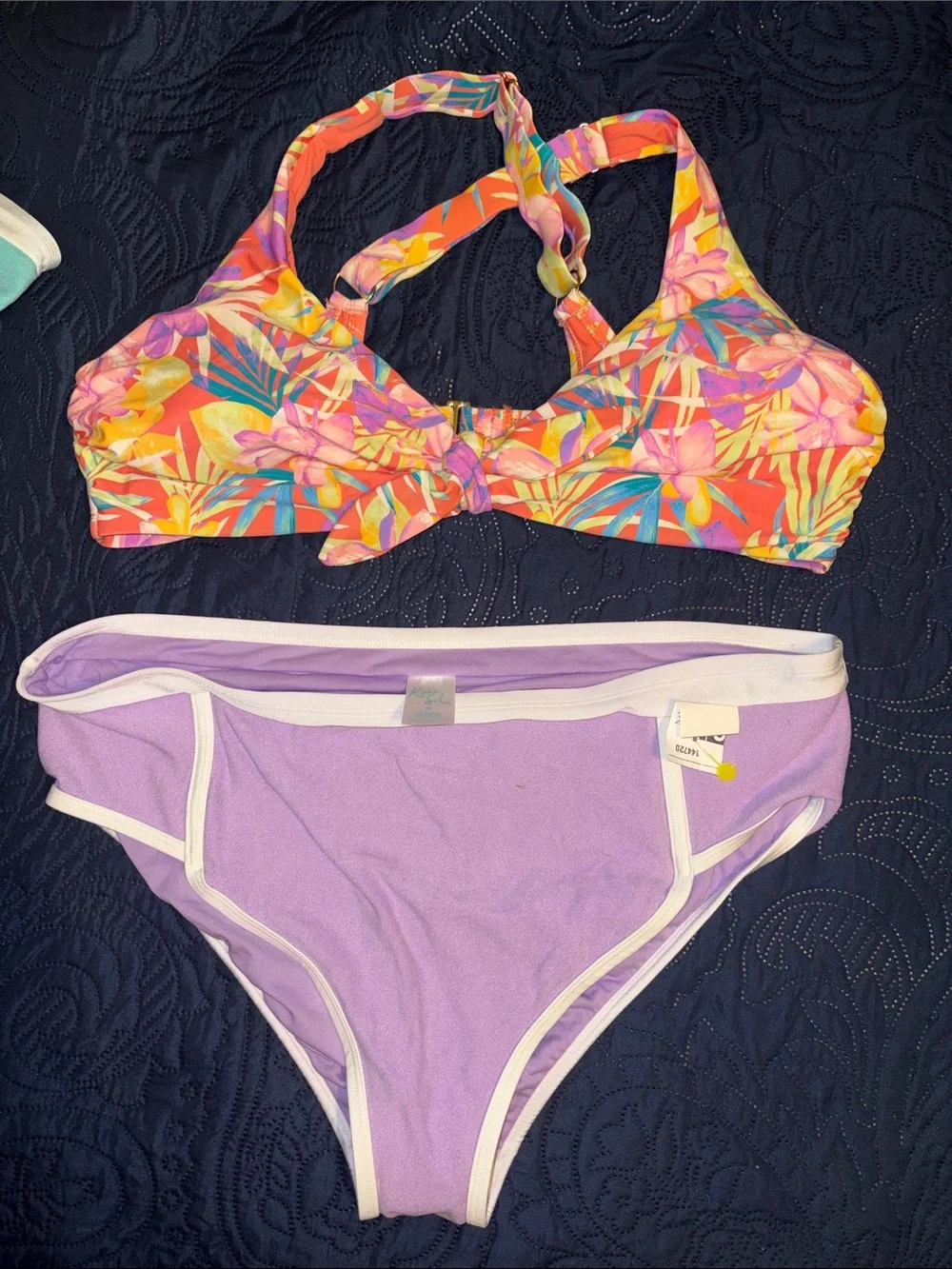 Kona Sol Multicolor Abstract Print Bikini Top with Teal Bikini Bottom